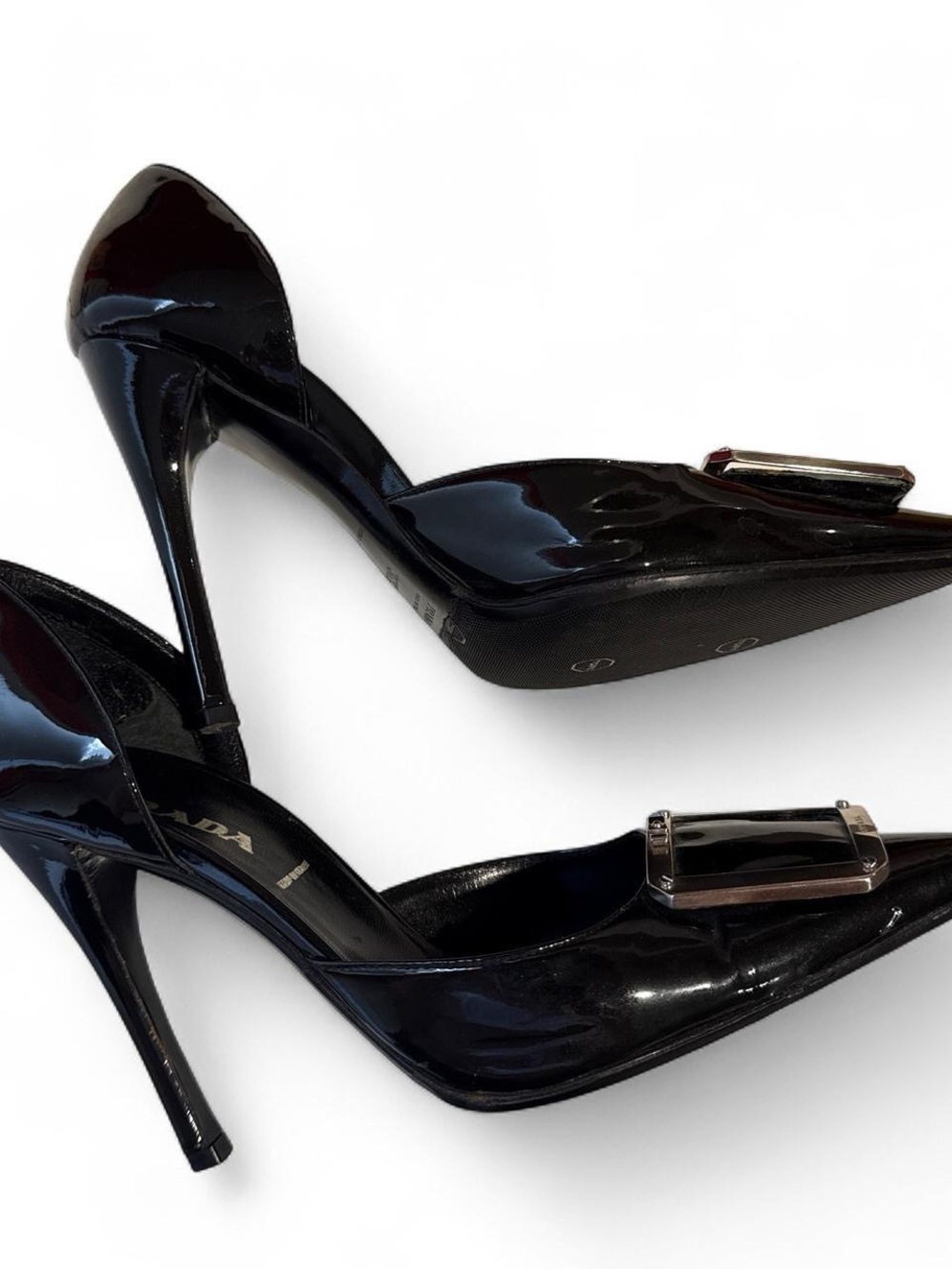 Prada Black Patent Leather Pointed D'Orsay Heels with Buckle